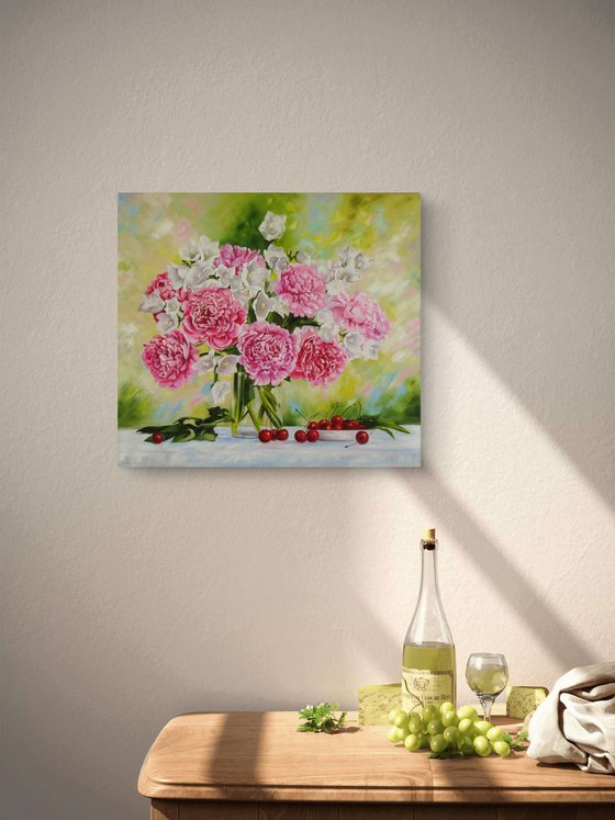 Pink Peonies in Glass Vase