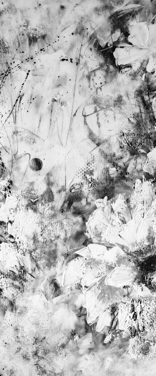 "Serenade in Black and White" XXL abstract flower painting by Vera Hoi