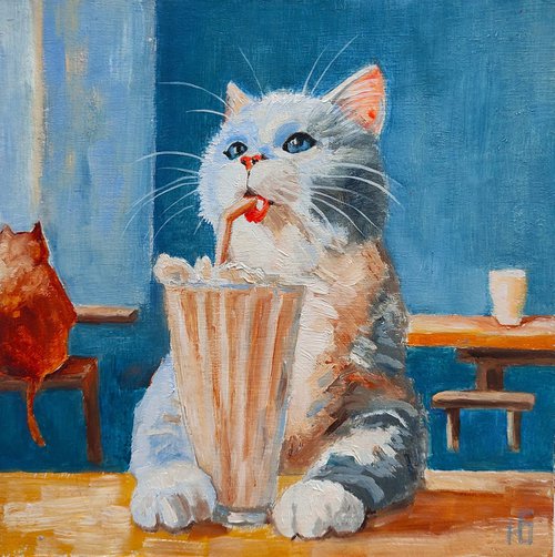 A cat with a milkshake, Cute Cat Portrait Oil Painting Funny Pet Art by Yulia Berseneva
