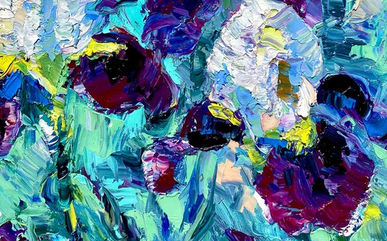 Iris - A pleasure of light, 35*45cm, impressionistic flowers oil painting in violet and turquoise