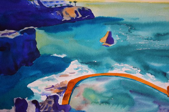 Spanish watercolor painting Sea and rocks on Canary Islands
