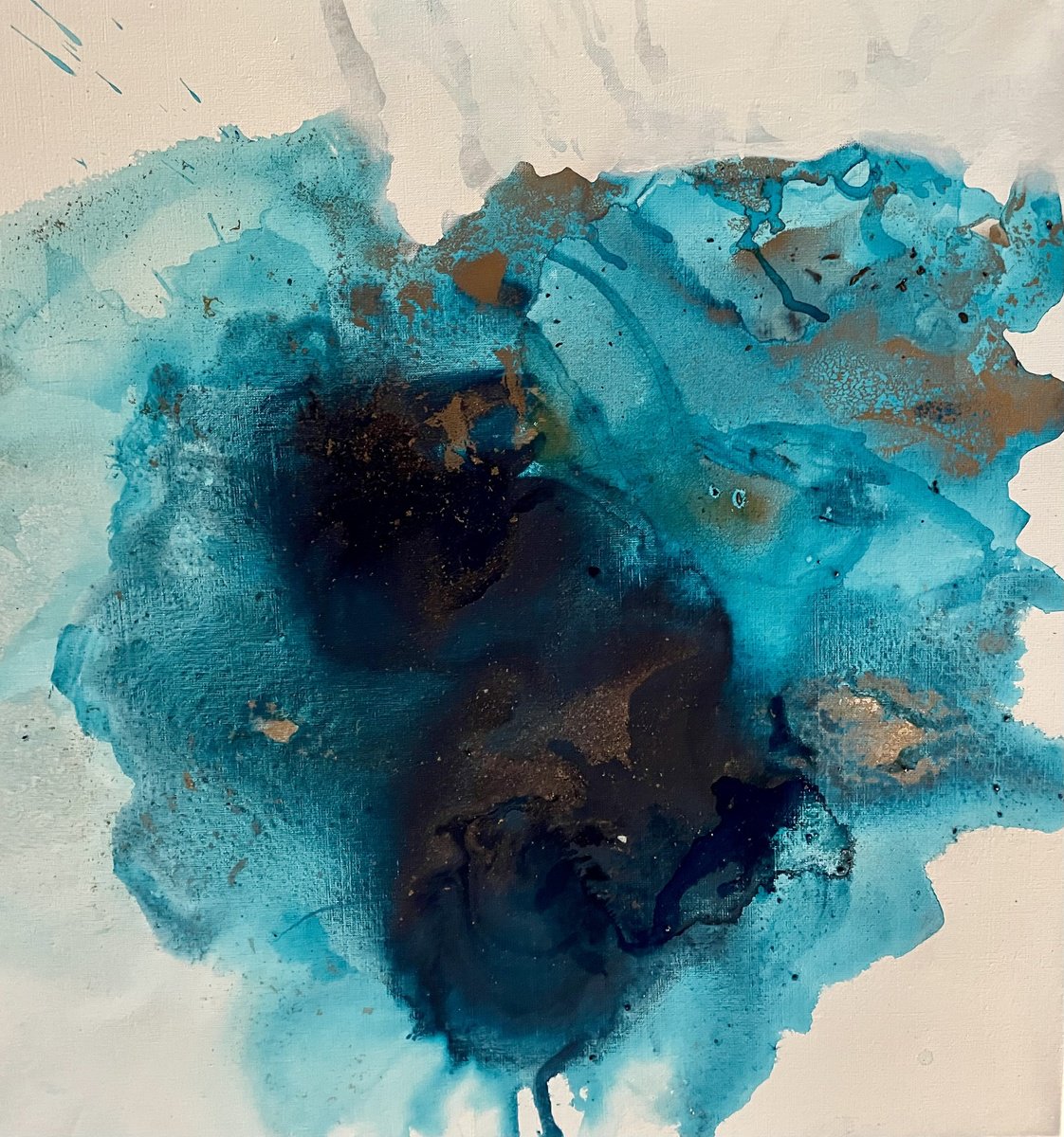 Abstract Acrylic Painting By Tiny De Bruin, 31 X 31", Water In Turqouise And Gold, Original Artwork