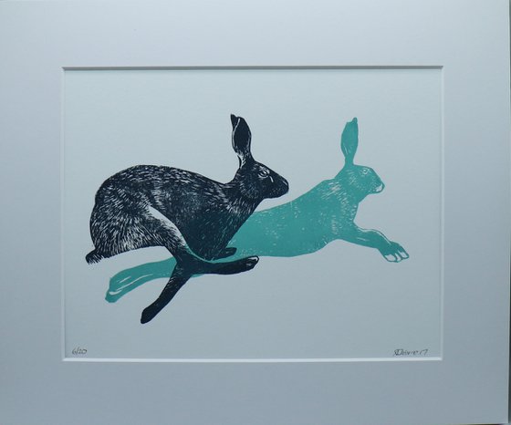 Running Hares Linocut, Mounted