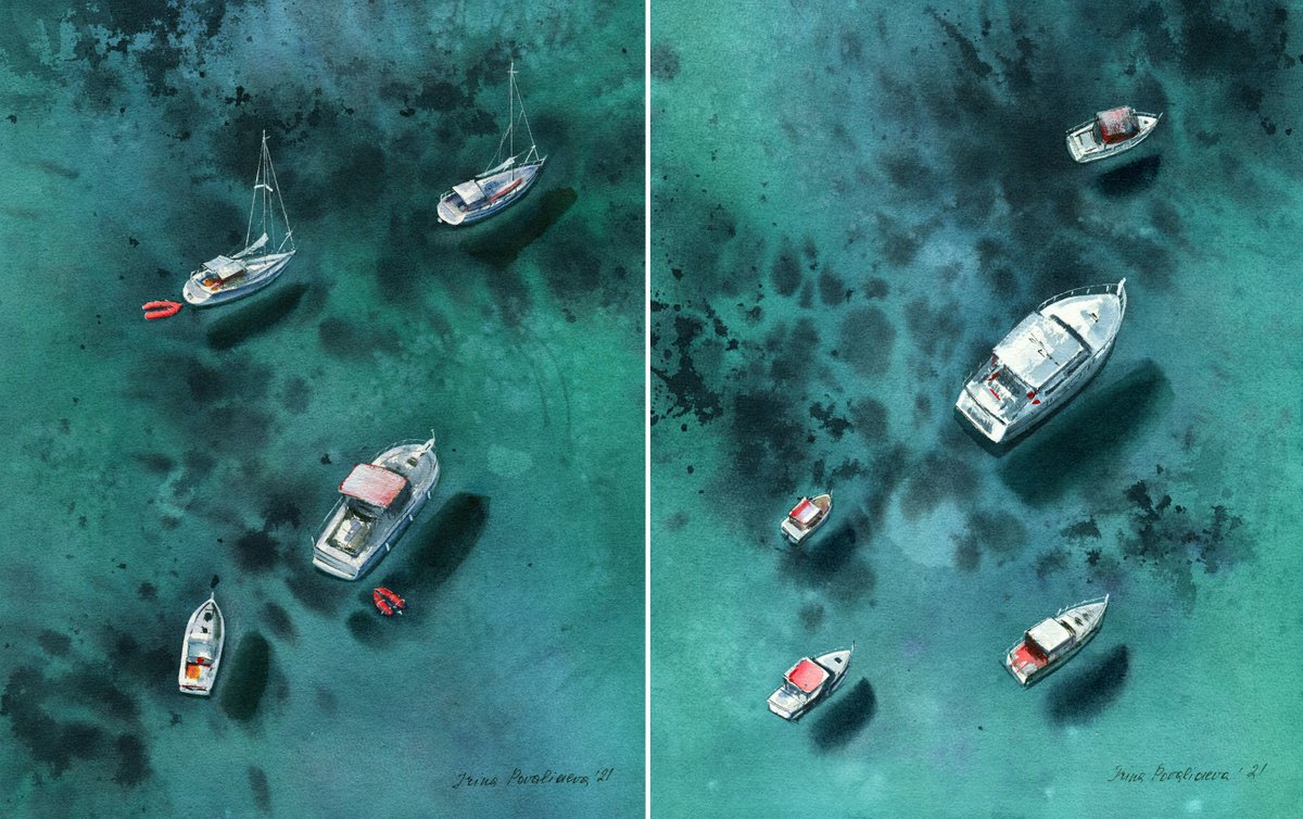 Sailing boats set of two coastal artworks, original watercolor paintings, beach wall art by Irina Povaliaeva