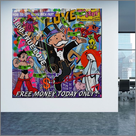 Free Money Free Love 120cm x 120cm Huge Texture Urban Pop Art Monopoly