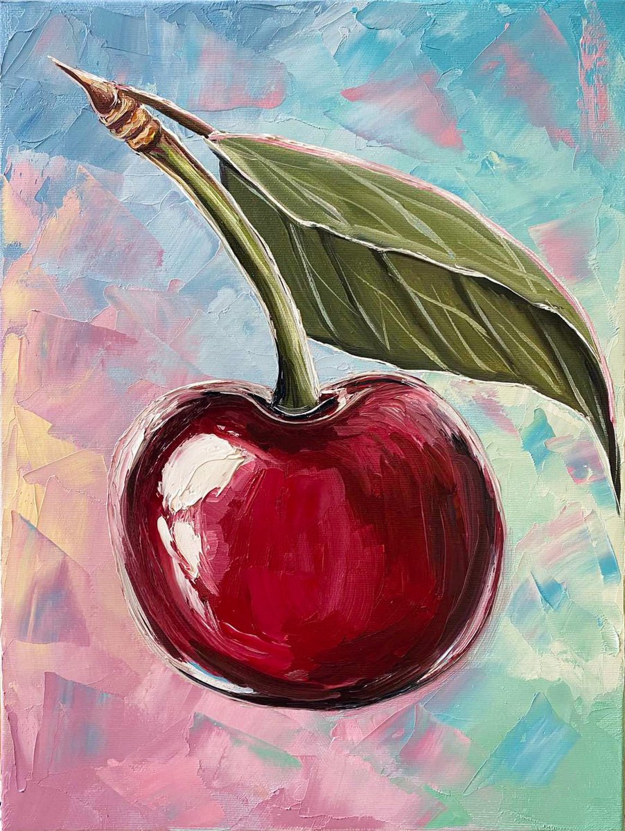 Photorealistic Still Life Oil Painting By Elena Adele Dmitrenko, 12 X 16, Bright Cherry, Original Artwork