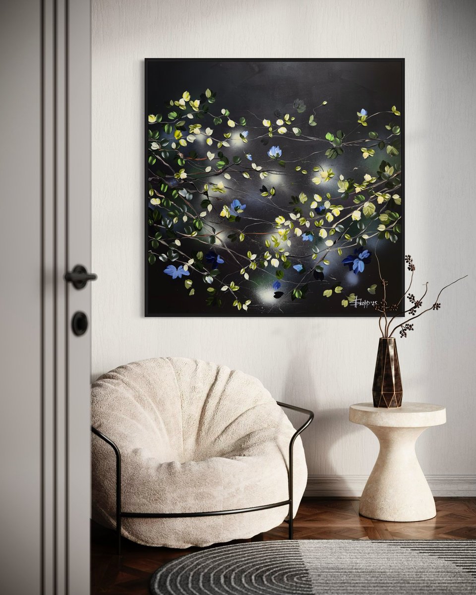 Expressive Botanical Acrylic Painting By Anastassia Skopp, 39 X 39, Garden At Night, Original Artwork