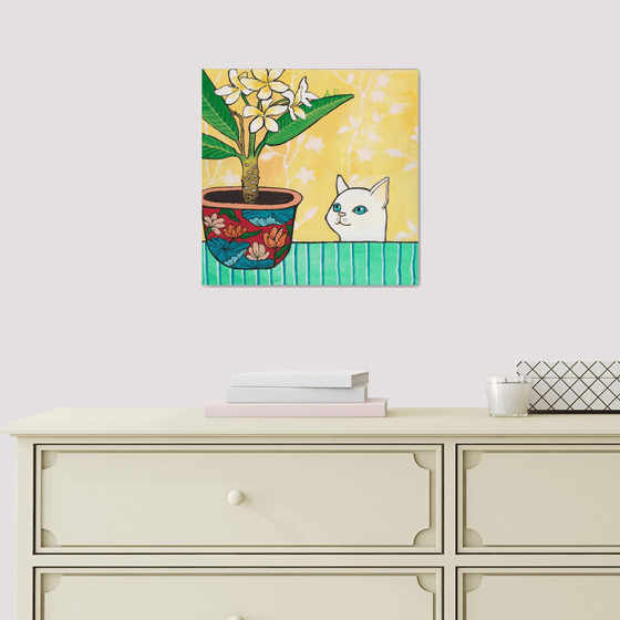 "Curious cat and plumeria in red floral pot." Maximalist Modern Matisse-Inspired Original Painting