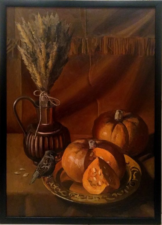 Still life with a sparrow and pumpkins