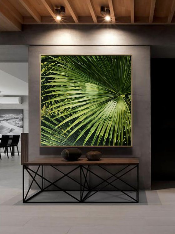 Large painting with a natural motive "Palm leaf" 120 * 120 * cm