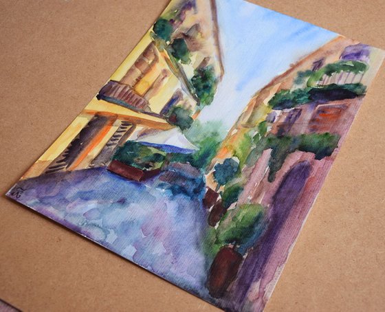 Italy old town original watercolor painting, summer abstract cityscape Europe