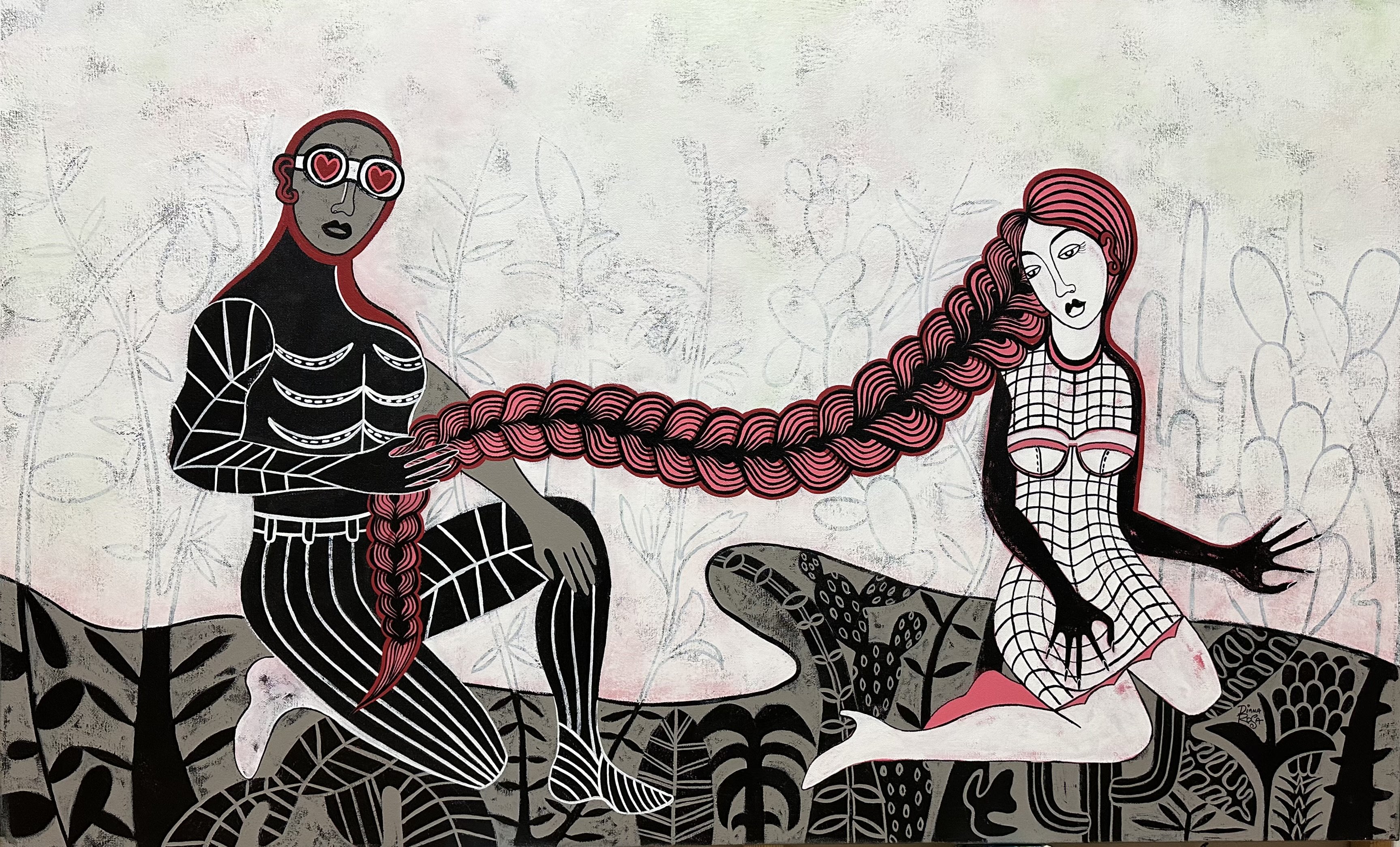 Expressive Portrait Acrylic Painting By Diana Rosa, 48 X 30, Love From The Distance, Original Artwork