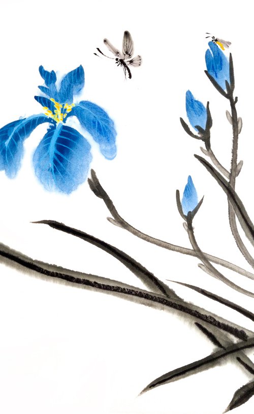 Blue irises and others insects - Oriental Chinese Ink Painting by Ilana Shechter