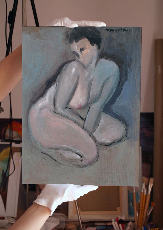 nude woman sitting on the floor, study