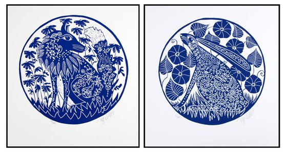 Hare and Fox, Pair of Prints
