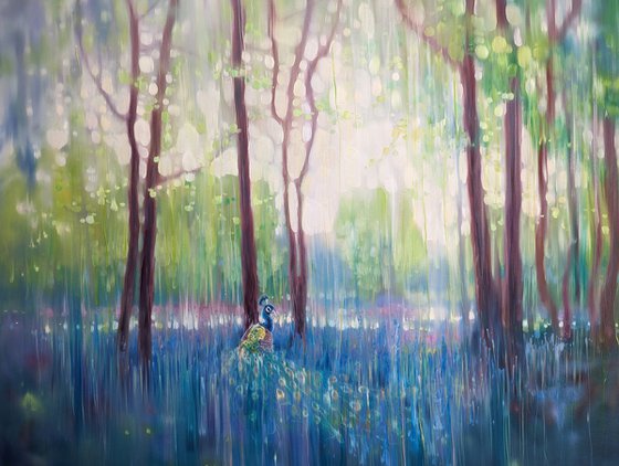 In His Element, a peacock in bluebell landscape painting