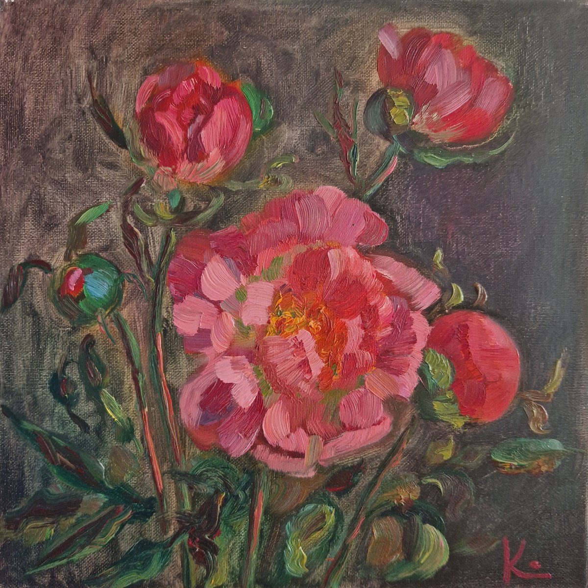 Impressionistic Still Life Oil Painting By Olena Kolotova, 12 X 12", "Pink Peonies", Original Artwork