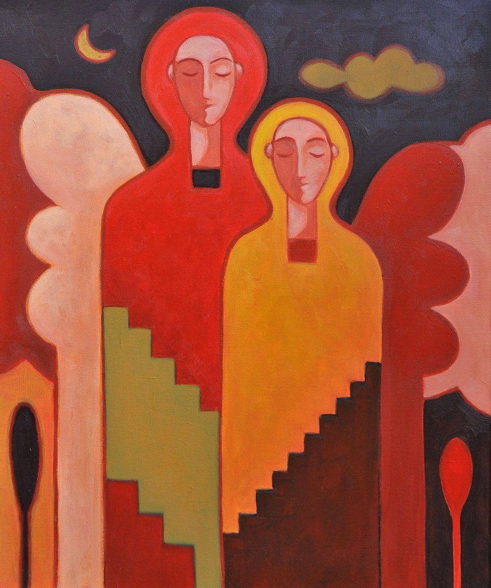 Surrealistic Portrait Oil Painting By Malasits Zsolt, 20 X 24", Angels, Original Artwork