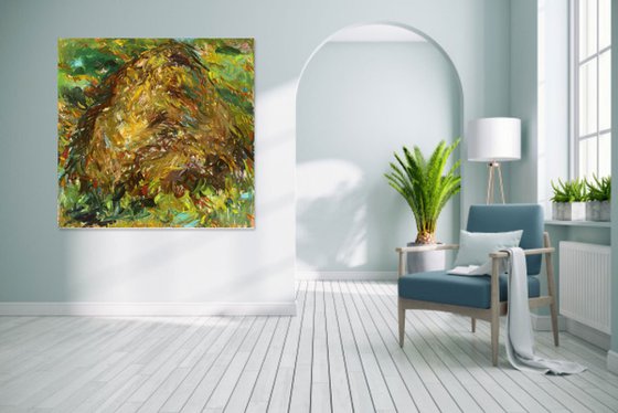 HAYSTACK AT NOON - Landscape art, large original oil painting, summer time, sun, claude monet inspired,  interior art home decor, brown coloured - 146x146 cm