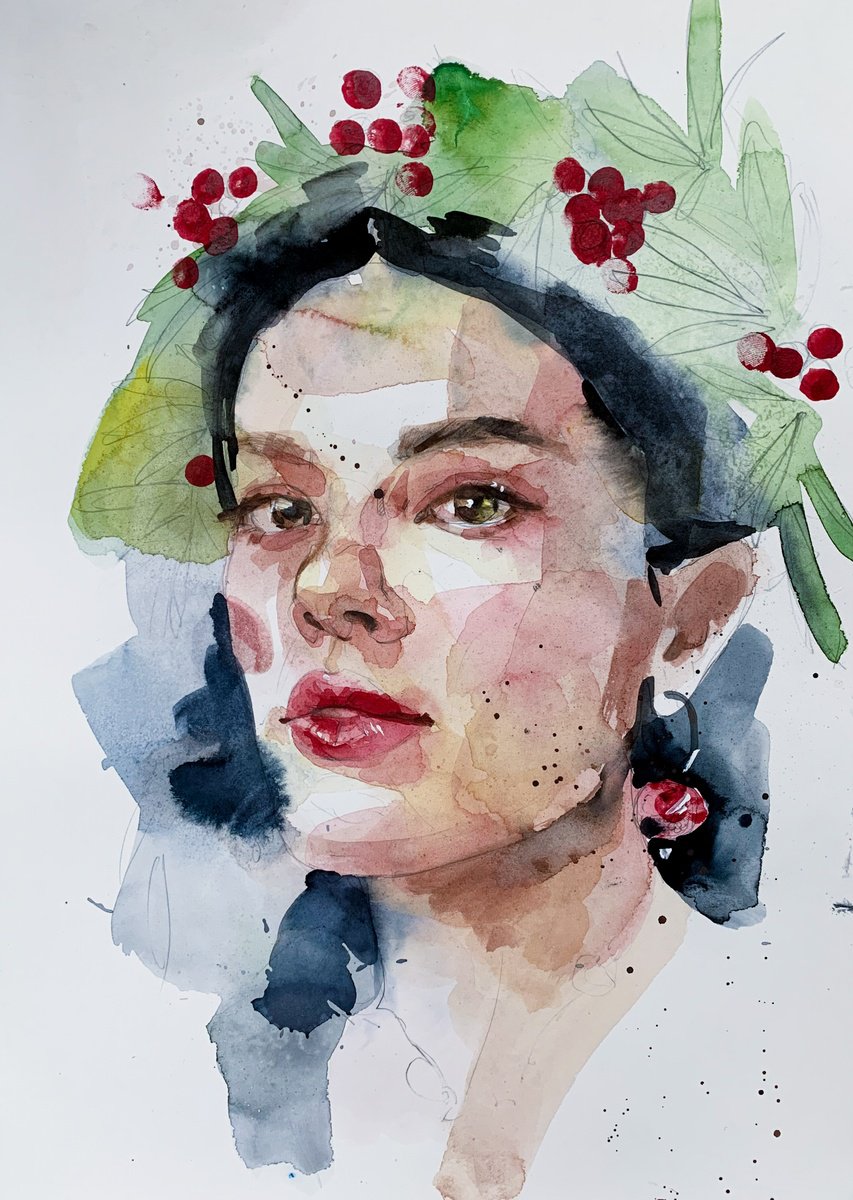 Portrait Watercolour By Belyaeva Oleksandra, 15 X 19, Girl In A Wreath With Berries, Original Artwork