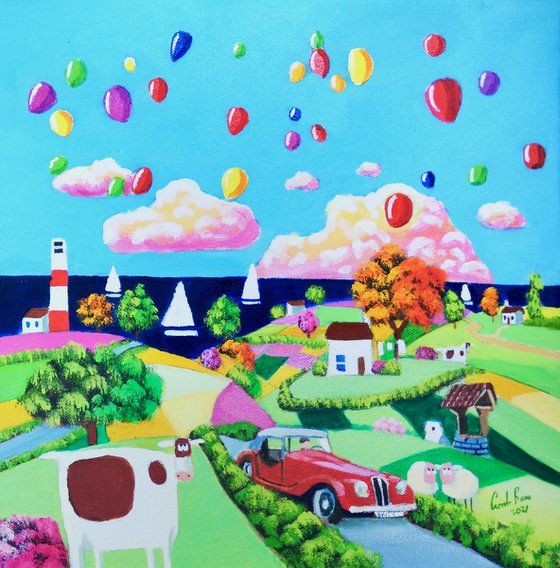 Red car and balloons, folk art painting