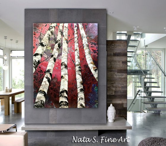 Red Forest - Large Birch Tree Painting