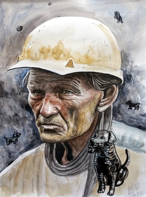 Old miner with dogs