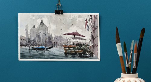 Venice, Canal Grande, Original Watercolor Landscape by Marin Victor