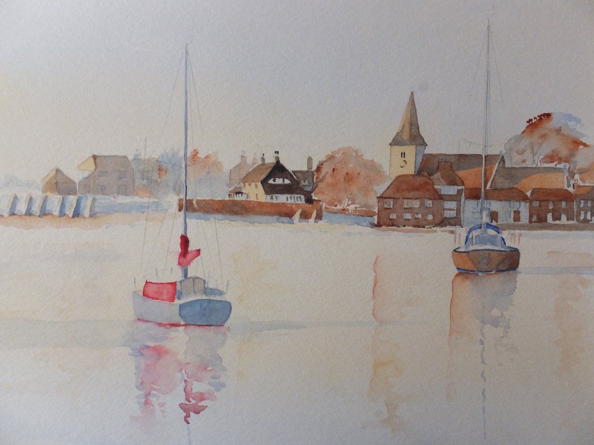 Photorealistic Landscape Watercolour By David Harmer, 19 X 15, Evening Glow In Bosham, Original Artwork