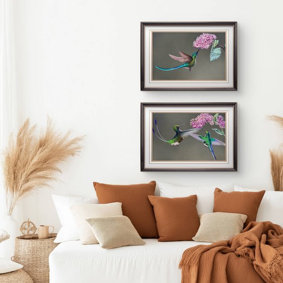 Colibri Flowers Diptych Pastel