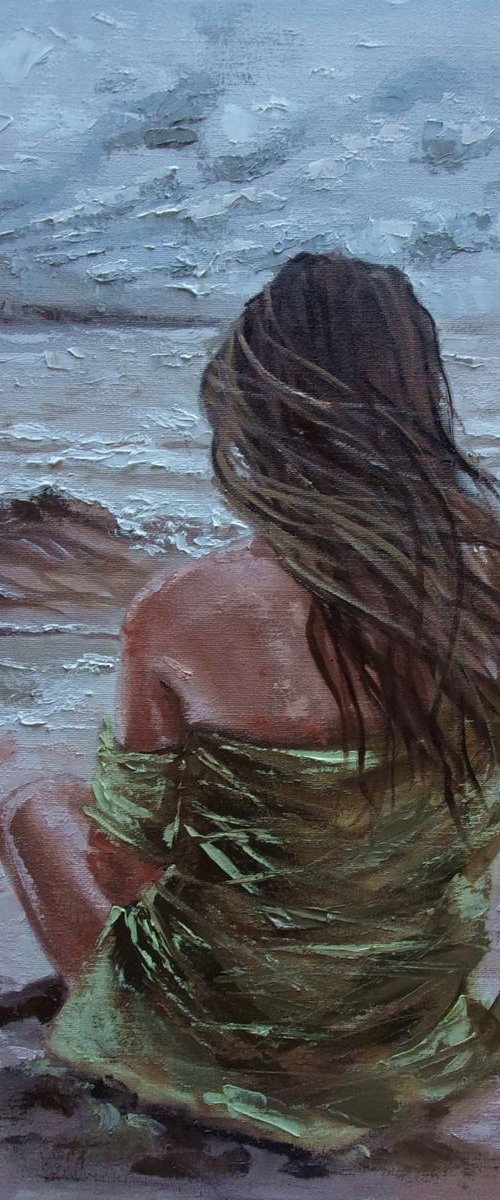 " MAGIC WAVES ... "- SKY SEA SAND liGHt  ORIGINAL OIL PAINTING, GIFT, PALETTE KNIFE by Monika Luniak
