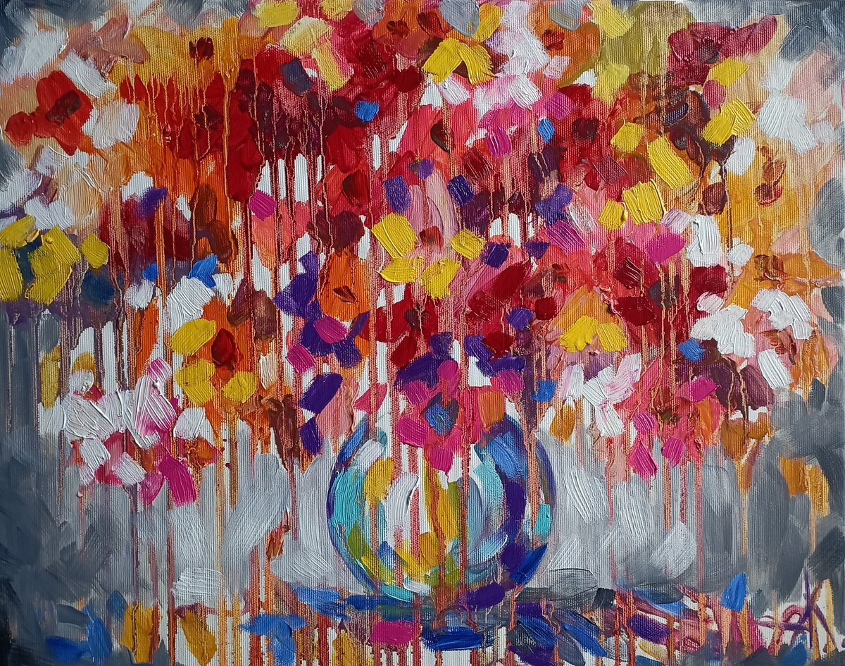 Flowers symphony - bouquet, flowers in vase, painting flowers, oil painting, flower, flowe... by Anastasia Kozorez