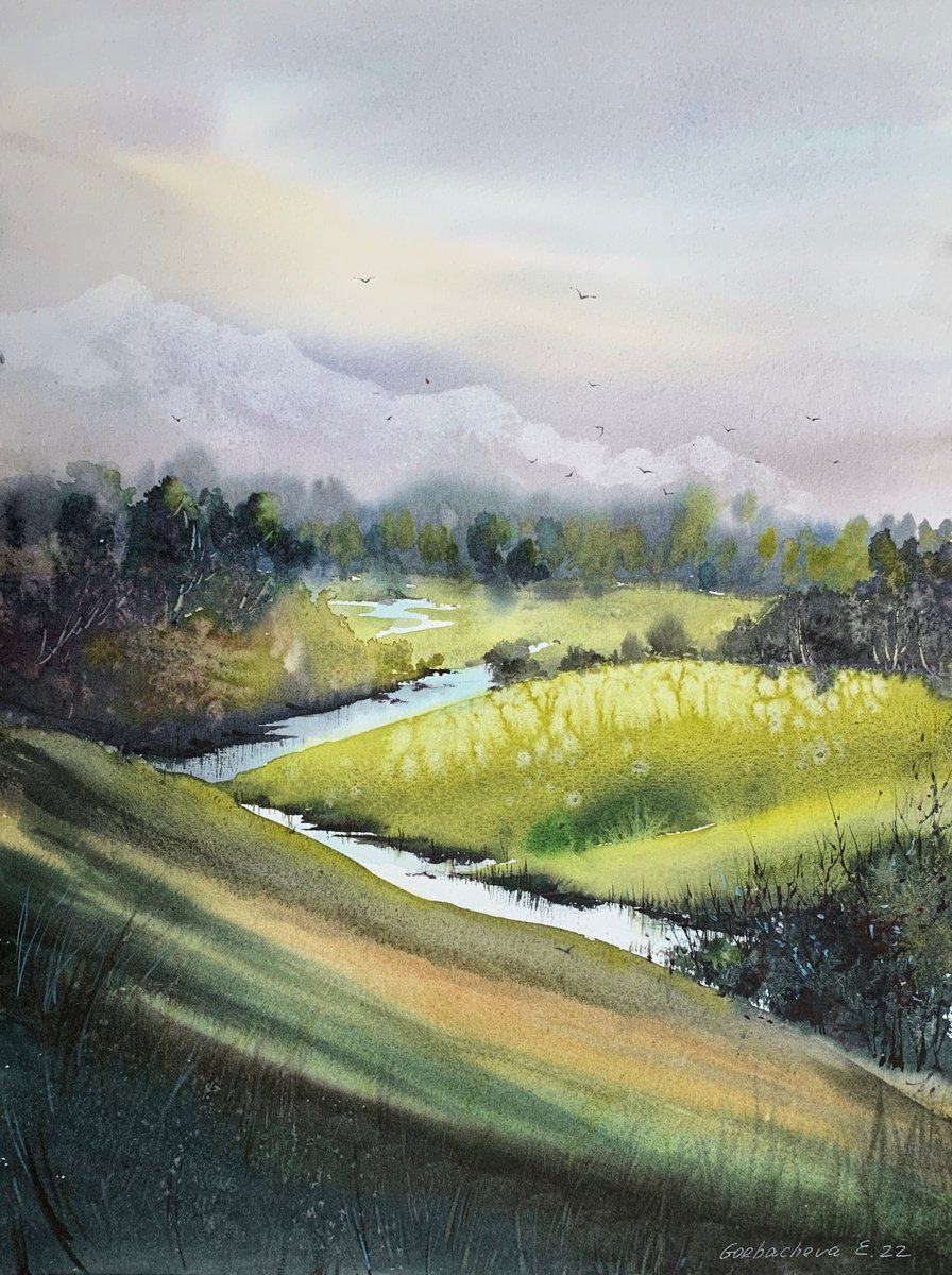Impressionistic Landscape Watercolour By Eugenia Gorbacheva, 12 X 16, Mountain River #24, Original Artwork
