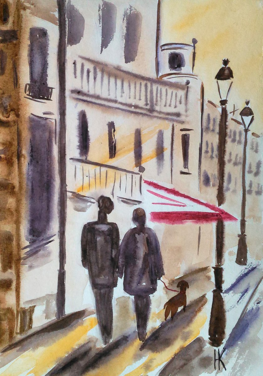 Paris Painting Cityscape Original Art Couple Walking Dog Original Watercolor Artwork Small... by Halyna Kirichenko