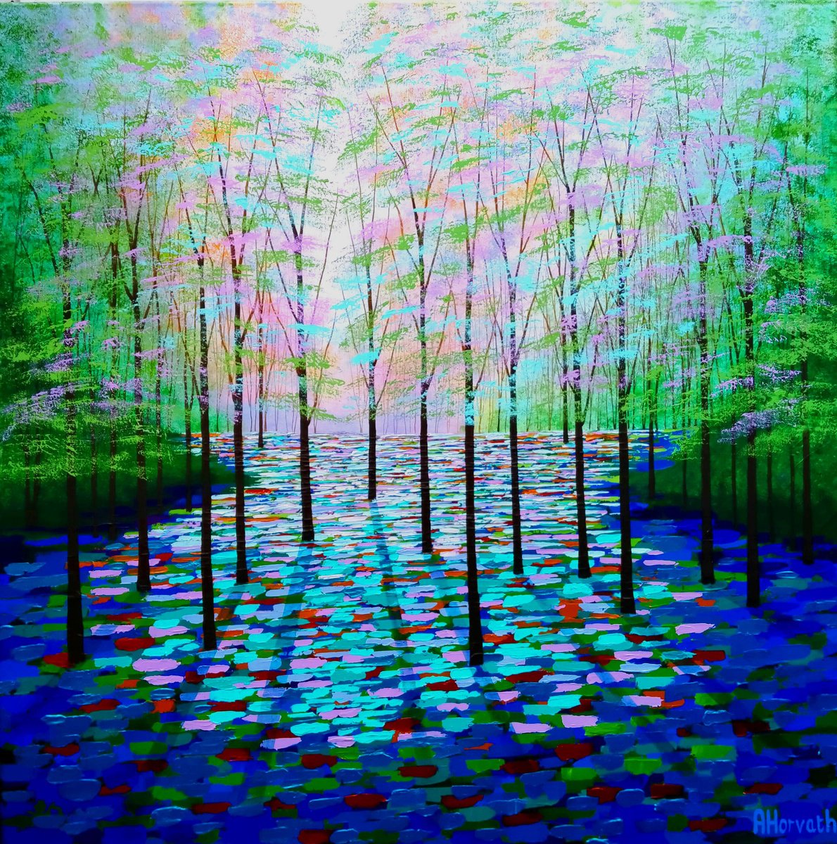 Impressionistic Landscape Acrylic Painting By Amanda Horvath, 39 X 39, In The Company Of Trees, Original Artwork