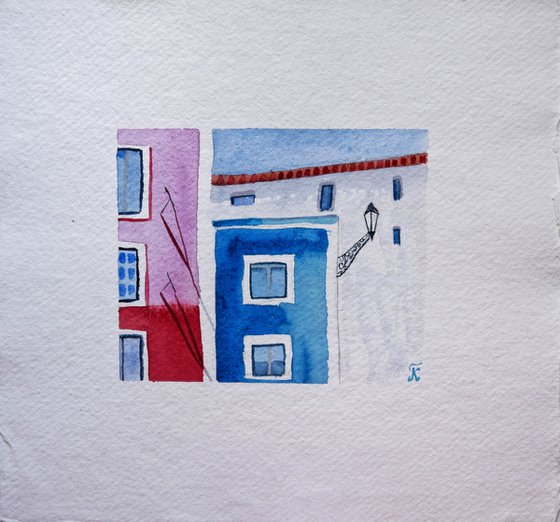 Lisbon small watercolor painting, colorful houses original painting, Portugal cityscape wall art