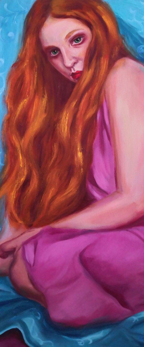 Red-haired girl on turquoise background by Jane Lantsman