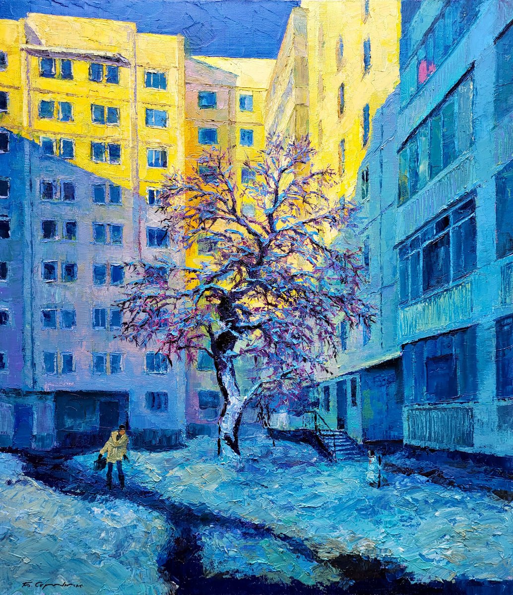 Impressionistic Landscape Oil Painting By Boris Serdyuk, 28 X 31, In The City Yard, Original Artwork
