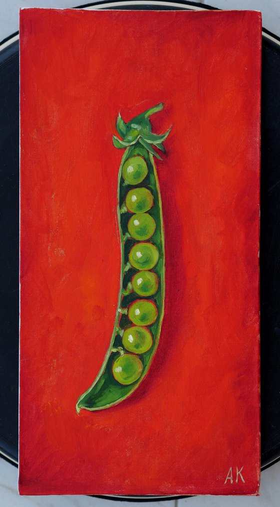 Green pea pod on red - good vibes oil painting