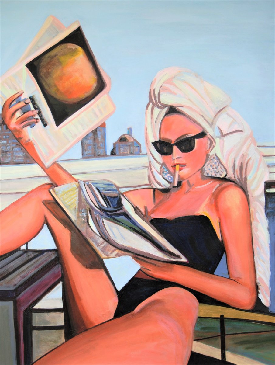 Urban And Pop Portrait Acrylic Painting By Alexandra Djokic, 28 X 35, At The Beach, Original Artwork