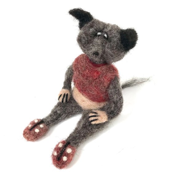 Glamourous wolf, felted wool creature, Les Loufoques series,