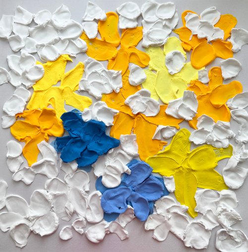 White blue and yellow relief flowers by Sasha Robinson