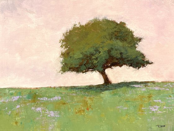 Green Oak Tree 221013, tree and green field impressionist landscape painting