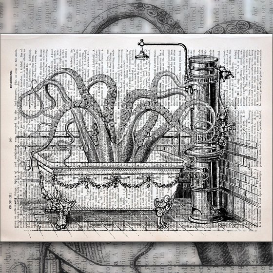 Octopus In a Bath - Collage Art Print on Large Real English Dictionary Vintage Book Page