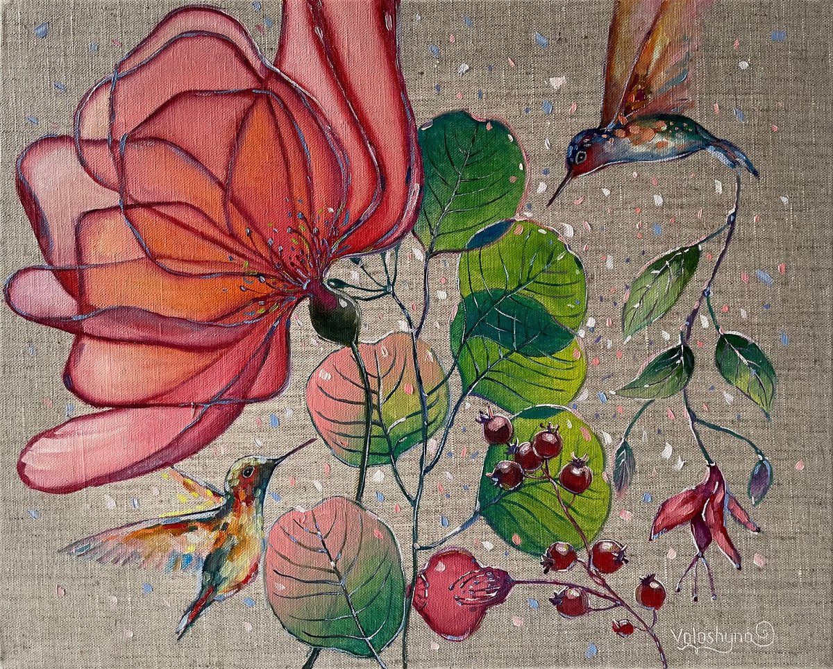 Flying hummingbirds and flowers. Original oil painting by Mary Voloshyna