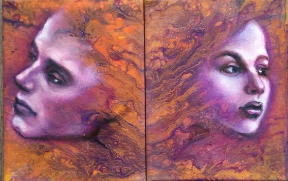 "Attractions I " Original mixed media diptych painting on canvas 36x24x,1,7cm.ready to hang .diptych.Buy 2 miniatures you get 3 !