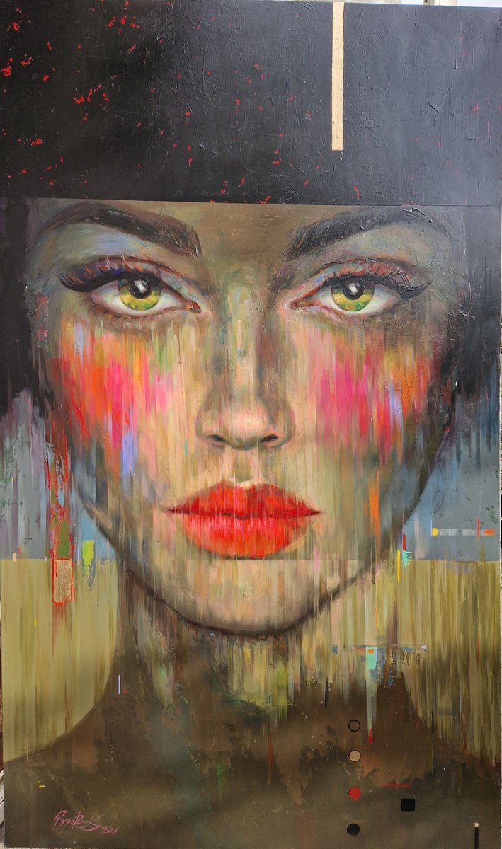 Expressive Portrait Acrylic Painting By Lesja Rygorczuk, 47 X 79", Darkness, Original Artwork