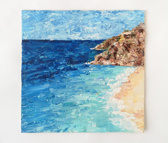 Sea oil painting, ocean and mountains, impasto landscape
