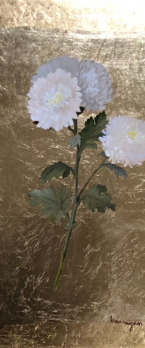 The Great White Chrysanthemum Oil Painting on Lacquered Golden Leaf Canvas by Caridad I. Barragan