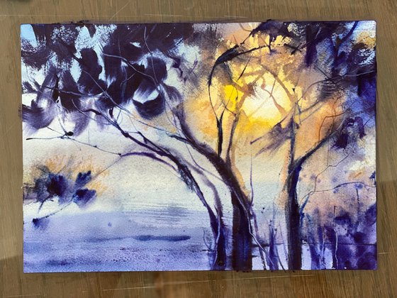 Olive trees at sunset - watercolor sketch